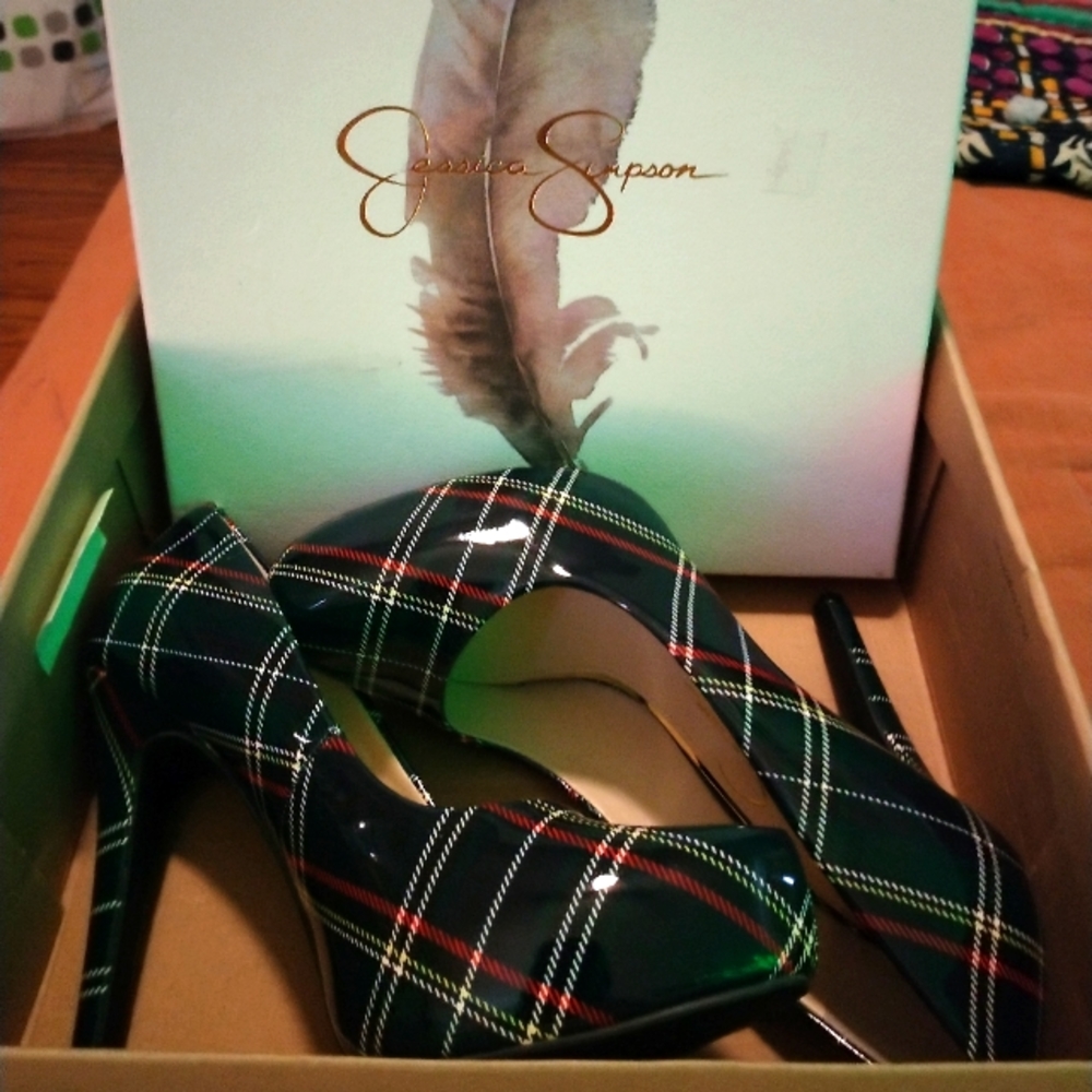 Patent leather plaid Jessica Simpson heels, labeled size 6.5